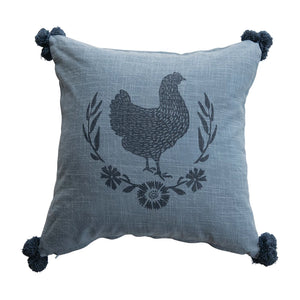 Square Cotton Pillow w/Chicken Blue