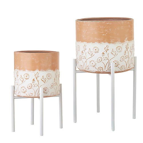 Floral Embossed Planter With Stand
