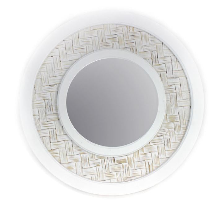 Round White Wood Weave Mirror